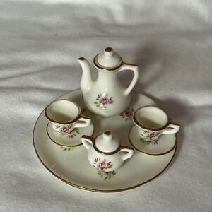 Vintage Miniature Porcelain Tea Set Pink Rose Gold Trim 8 Piece Dollhouse Decor